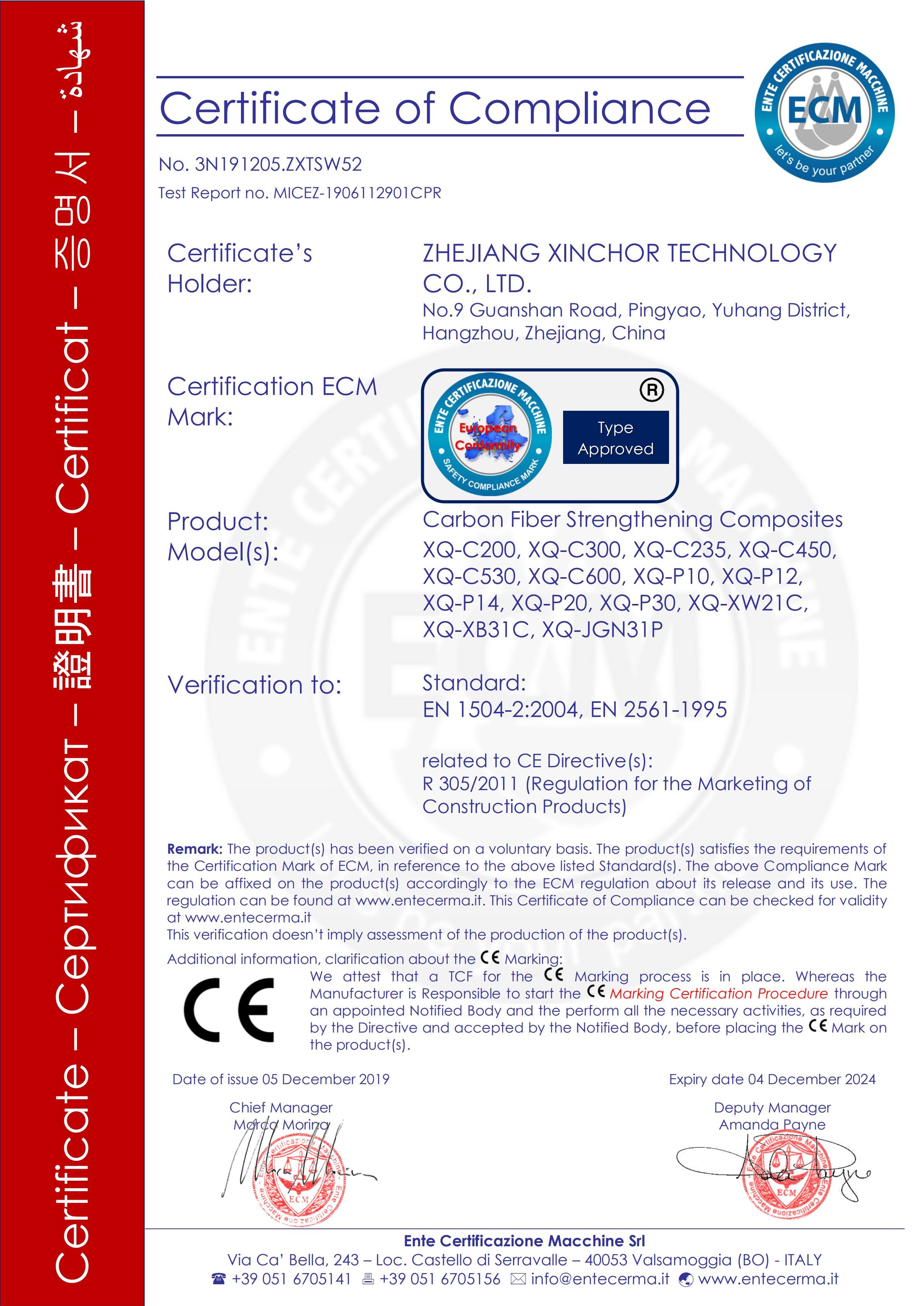 China ZHEJIANG XINCHOR TECHNOLOGY CO., LTD. Certificaten